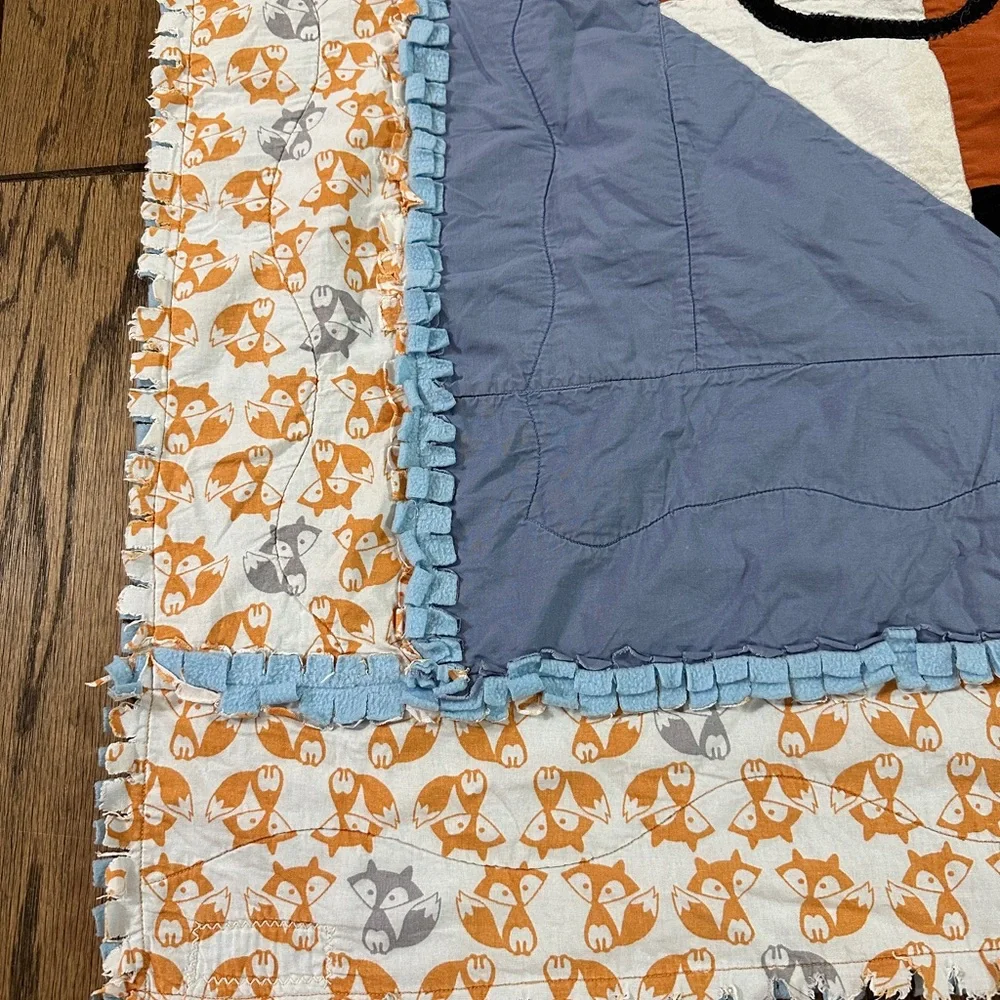 Handmade Fox Wearing Glasses Baby Blanket Quilt 36x42” Blue Orange Foxes